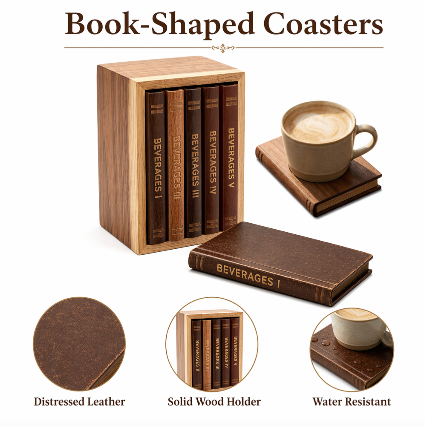 Vintage Wood Book-Style Coaster Set